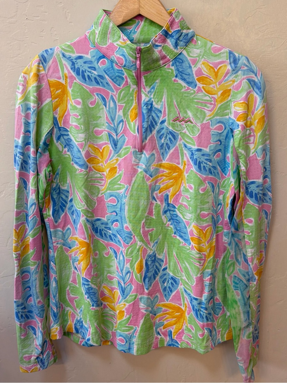 IBKUL 1/4 Zip Pullover Shirt Womens S Pink Tropical UPF 50 Golf Vented LOGO